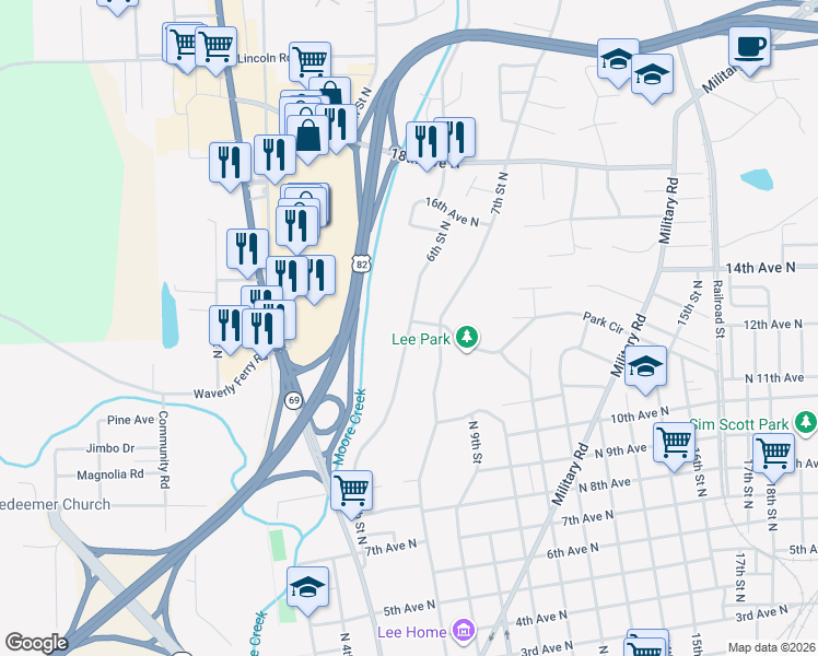 map of restaurants, bars, coffee shops, grocery stores, and more near 1127 6th Street North in Columbus