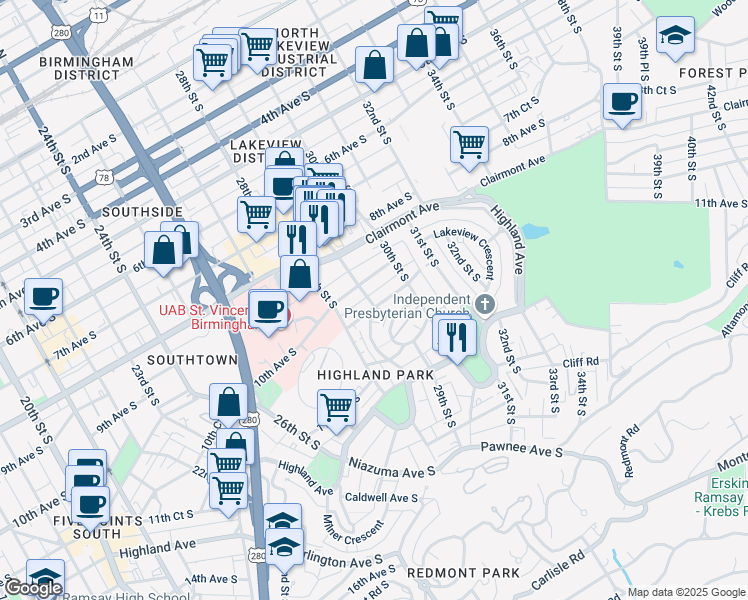 map of restaurants, bars, coffee shops, grocery stores, and more near 2901 10th Court South in Birmingham
