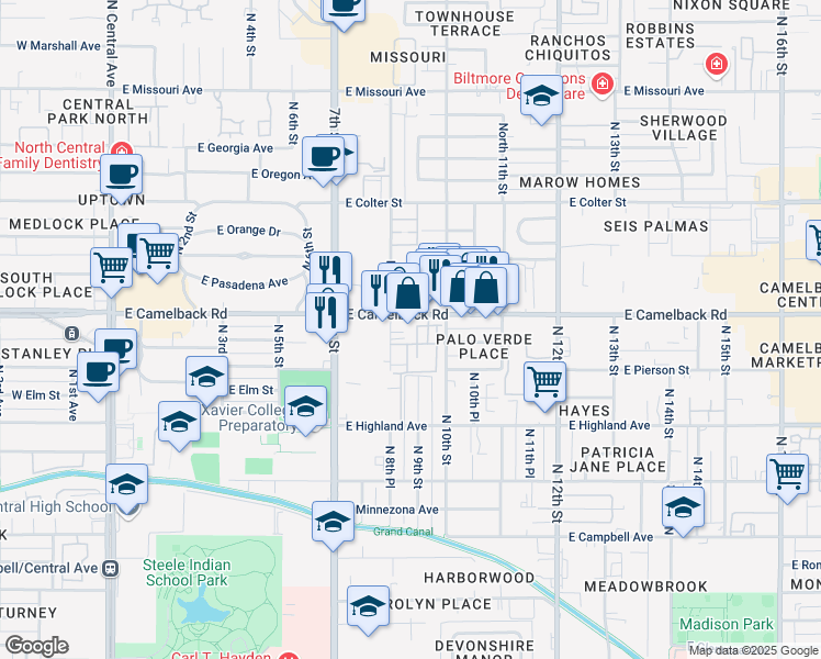 map of restaurants, bars, coffee shops, grocery stores, and more near 839 East Camelback Road in Phoenix