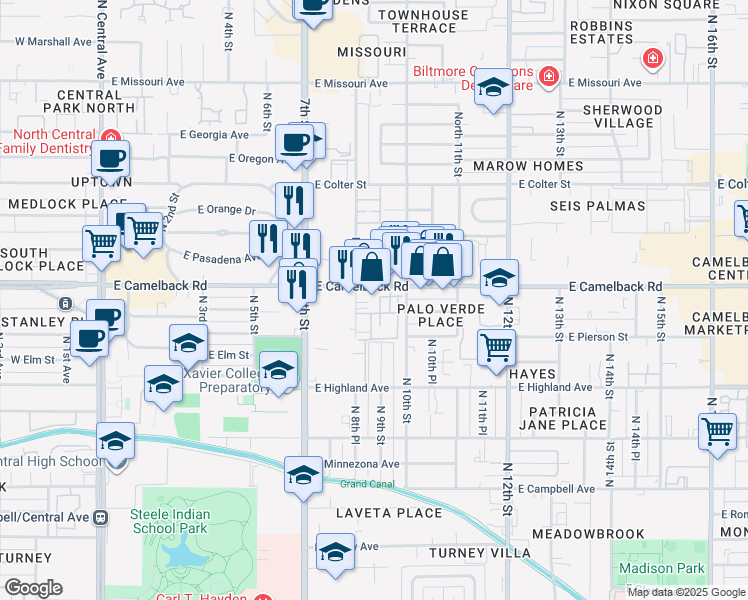 map of restaurants, bars, coffee shops, grocery stores, and more near 839 East Camelback Road in Phoenix