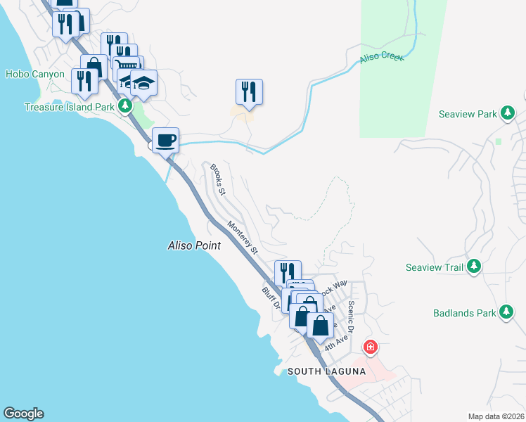 map of restaurants, bars, coffee shops, grocery stores, and more near 31272 Ceanothus Drive in Laguna Beach