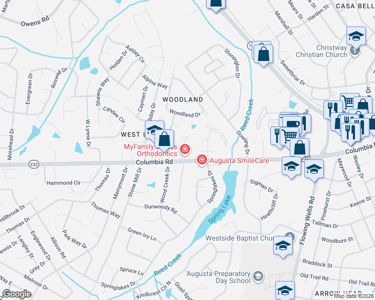 map of restaurants, bars, coffee shops, grocery stores, and more near 102 Cokesbury Court in Augusta