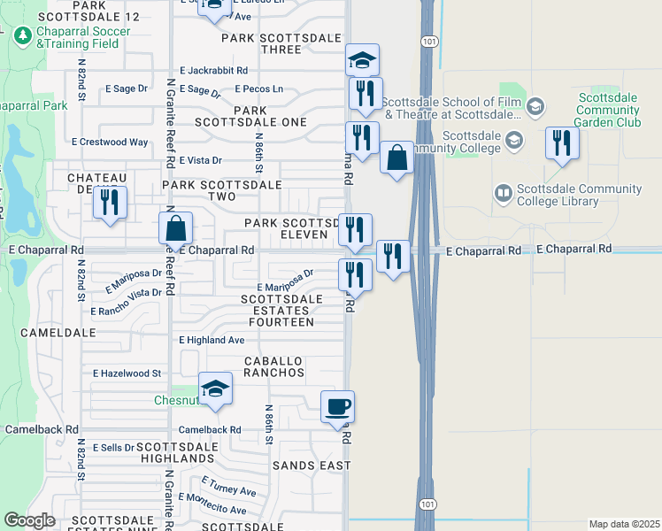 map of restaurants, bars, coffee shops, grocery stores, and more near 8737 East Mariposa Drive in Scottsdale