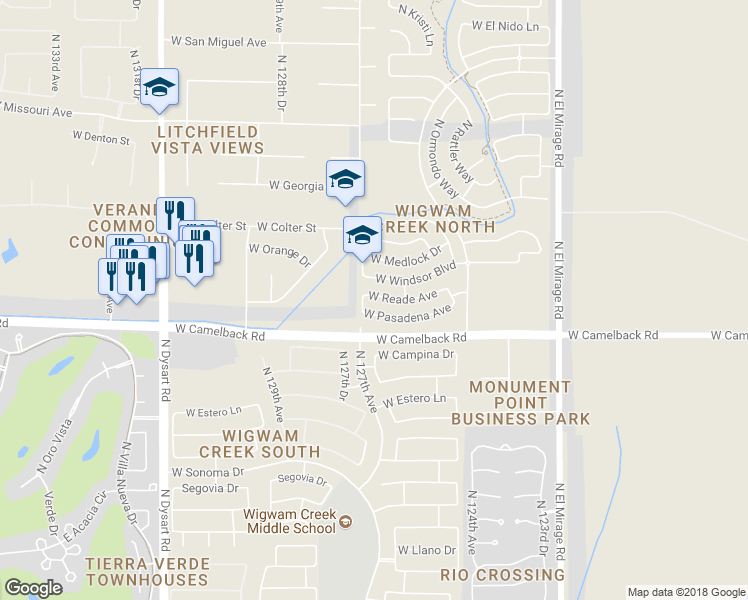 map of restaurants, bars, coffee shops, grocery stores, and more near 12633 West Reade Avenue in Litchfield Park