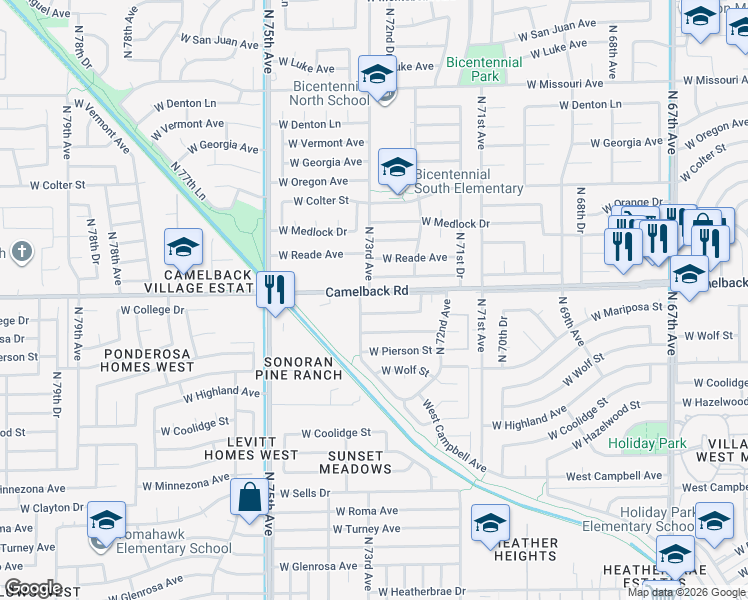 map of restaurants, bars, coffee shops, grocery stores, and more near 7278 West College Drive in Phoenix