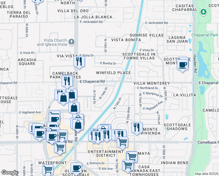 map of restaurants, bars, coffee shops, grocery stores, and more near 7401 East Northland Drive in Scottsdale