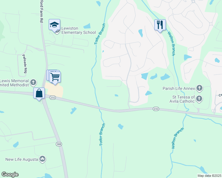 map of restaurants, bars, coffee shops, grocery stores, and more near 315 Burgamy Way in Grovetown