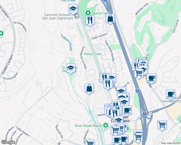 map of restaurants, bars, coffee shops, grocery stores, and more near 26486 Calle San Luis in San Juan Capistrano