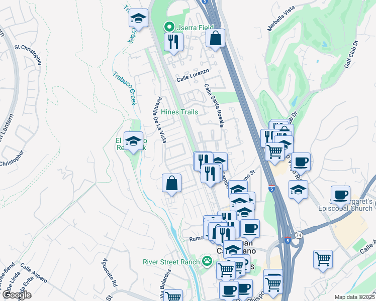map of restaurants, bars, coffee shops, grocery stores, and more near in San Juan Capistrano