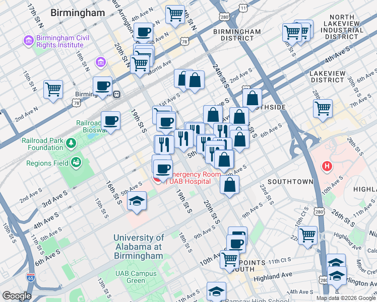 map of restaurants, bars, coffee shops, grocery stores, and more near 2000 5th Avenue South in Birmingham