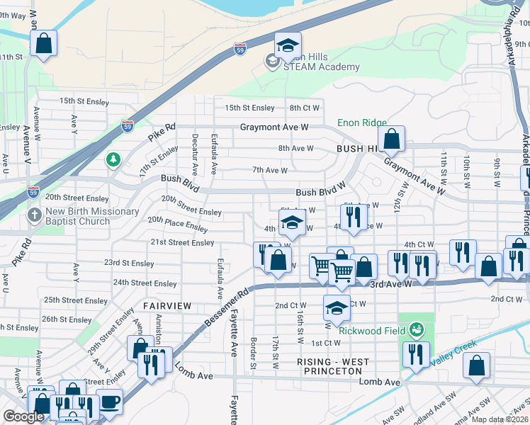 map of restaurants, bars, coffee shops, grocery stores, and more near 472 17th Street West in Birmingham