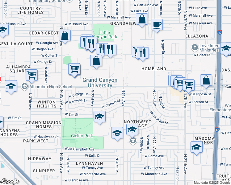 map of restaurants, bars, coffee shops, grocery stores, and more near 3115 West Mariposa Street in Phoenix