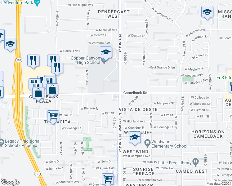 map of restaurants, bars, coffee shops, grocery stores, and more near 9126 West Camelback Road in Glendale