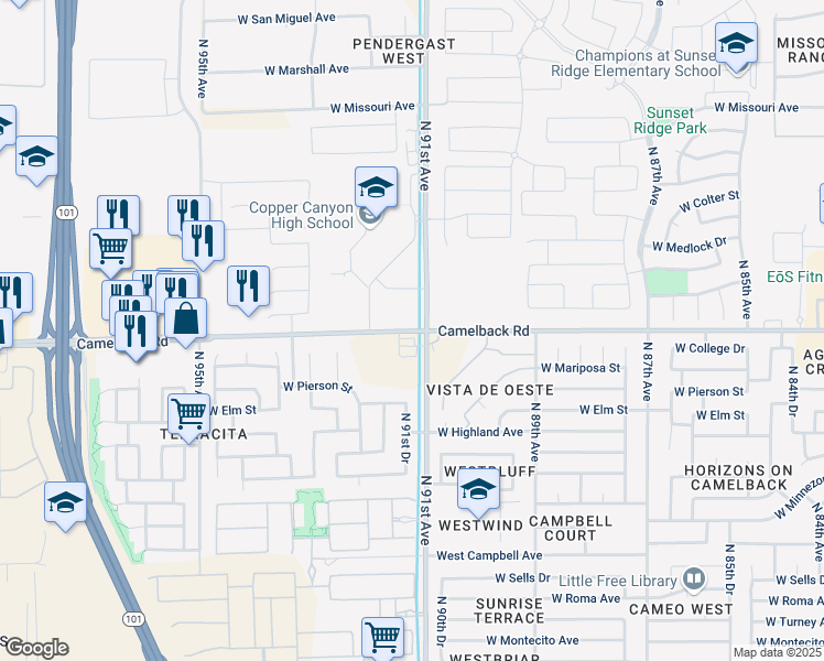 map of restaurants, bars, coffee shops, grocery stores, and more near 9126 West Camelback Road in Glendale