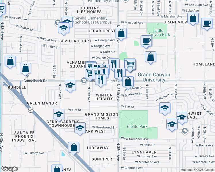 map of restaurants, bars, coffee shops, grocery stores, and more near 3535 West Camelback Road in Phoenix