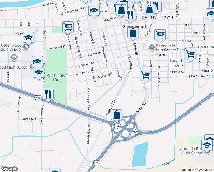 map of restaurants, bars, coffee shops, grocery stores, and more near 601 Mcneace Street in Greenwood