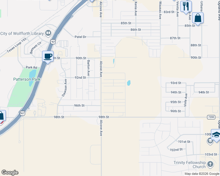 map of restaurants, bars, coffee shops, grocery stores, and more near 9216 County Road 1500 in Lubbock