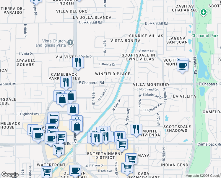 map of restaurants, bars, coffee shops, grocery stores, and more near 4916 North Woodmere Fairway in Scottsdale