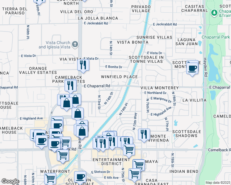 map of restaurants, bars, coffee shops, grocery stores, and more near 4916 North Woodmere Fairway in Scottsdale