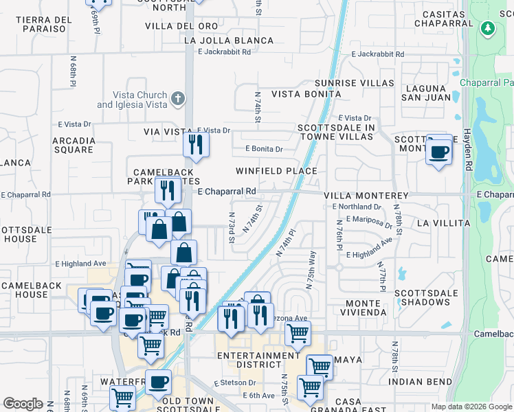 map of restaurants, bars, coffee shops, grocery stores, and more near 7319 East Northland Drive in Scottsdale
