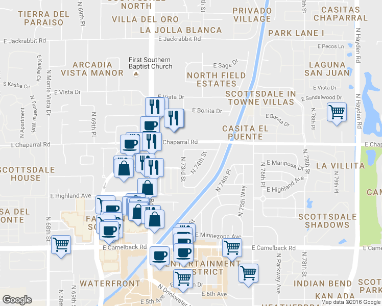 map of restaurants, bars, coffee shops, grocery stores, and more near 7319 East Northland Drive in Scottsdale