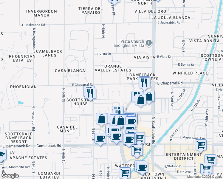 map of restaurants, bars, coffee shops, grocery stores, and more near 6905 East Mariposa Drive in Scottsdale