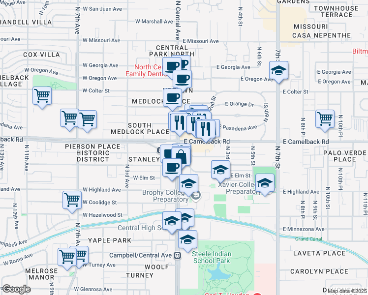 map of restaurants, bars, coffee shops, grocery stores, and more near 38 East Mariposa Street in Phoenix