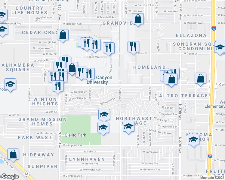 map of restaurants, bars, coffee shops, grocery stores, and more near 3115 West Mariposa Street in Phoenix