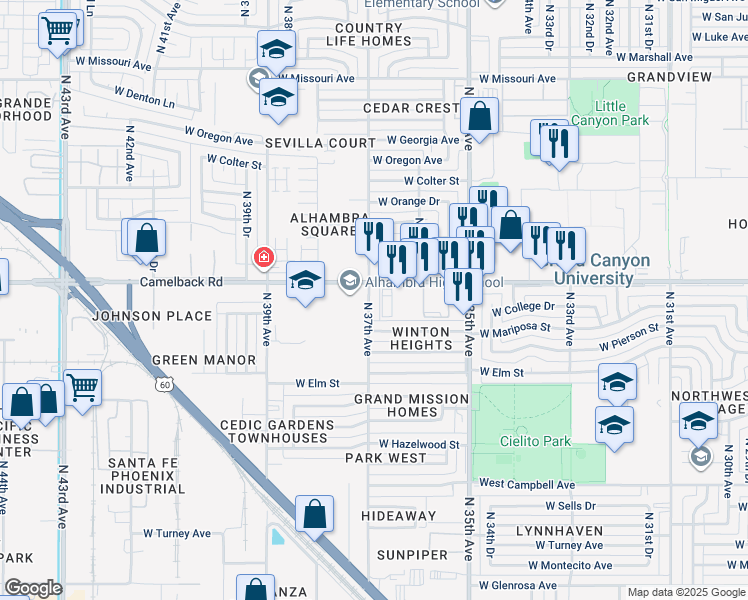map of restaurants, bars, coffee shops, grocery stores, and more near 4823 North 37th Avenue in Phoenix
