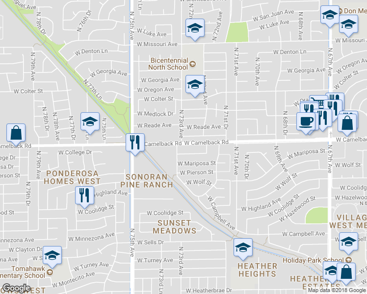 map of restaurants, bars, coffee shops, grocery stores, and more near 7278 West College Drive in Phoenix