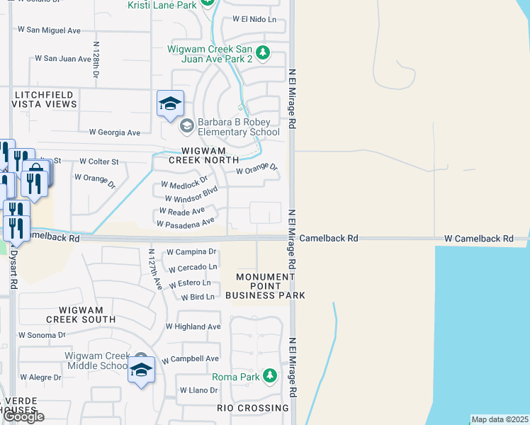 map of restaurants, bars, coffee shops, grocery stores, and more near 12350 West Camelback Road in Litchfield Park