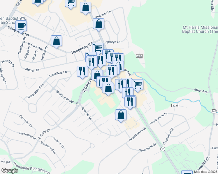 map of restaurants, bars, coffee shops, grocery stores, and more near 218 East Gate Drive in Aiken