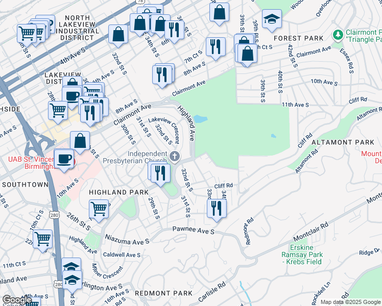 map of restaurants, bars, coffee shops, grocery stores, and more near 1201 33rd Street South in Birmingham