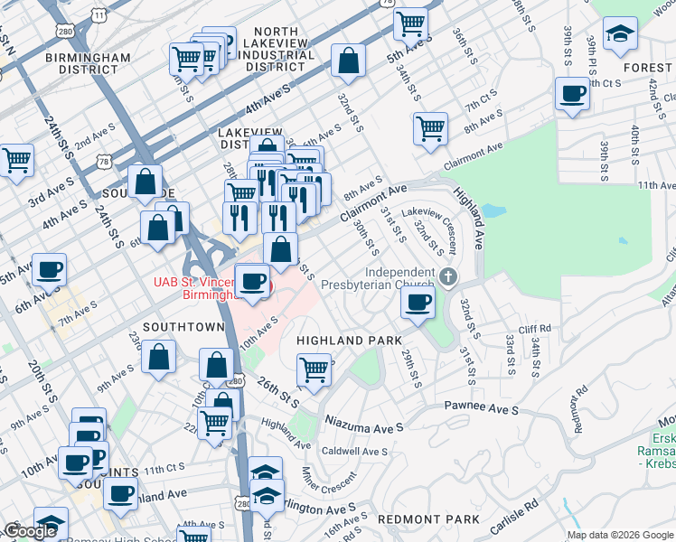 map of restaurants, bars, coffee shops, grocery stores, and more near 2809 10th Avenue South in Birmingham