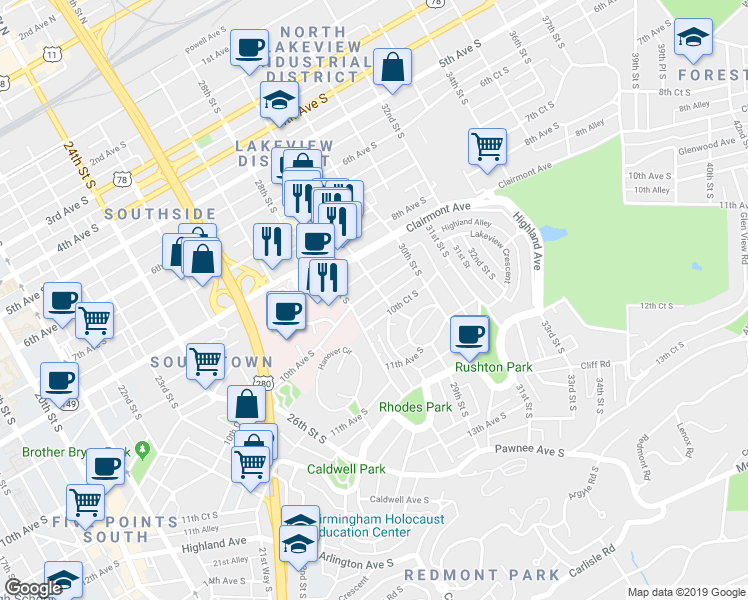 map of restaurants, bars, coffee shops, grocery stores, and more near 2809 10th Avenue South in Birmingham