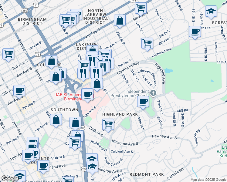 map of restaurants, bars, coffee shops, grocery stores, and more near 2809 10th Avenue South in Birmingham