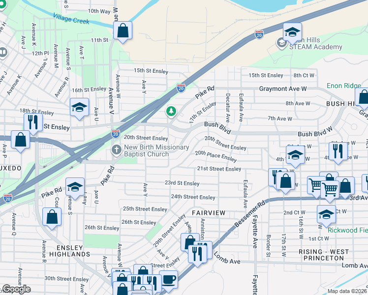 map of restaurants, bars, coffee shops, grocery stores, and more near 2650 20th Street Ensley in Birmingham