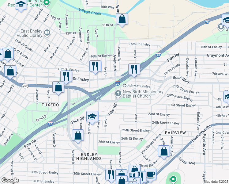 map of restaurants, bars, coffee shops, grocery stores, and more near 2016 21st Street Ensley in Birmingham