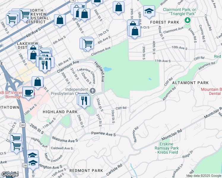 map of restaurants, bars, coffee shops, grocery stores, and more near 1200 34th Street South in Birmingham