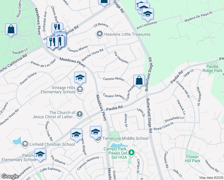 map of restaurants, bars, coffee shops, grocery stores, and more near 32131 Corte Carmela in Temecula