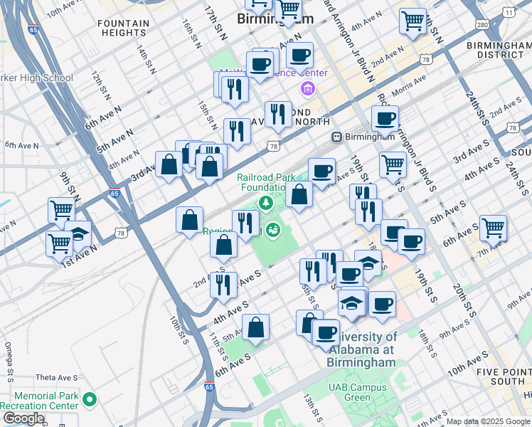 map of restaurants, bars, coffee shops, grocery stores, and more near 1600 1st Avenue South in Birmingham