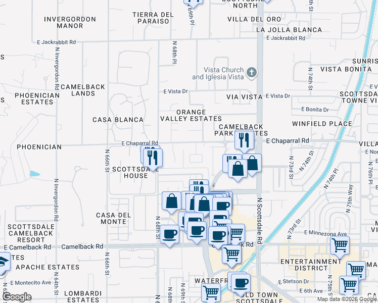 map of restaurants, bars, coffee shops, grocery stores, and more near 6905 East Mariposa Drive in Scottsdale