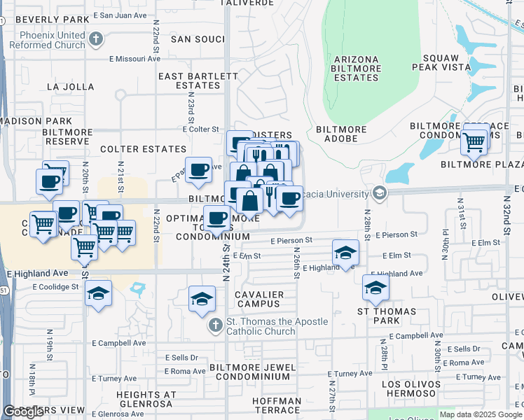 map of restaurants, bars, coffee shops, grocery stores, and more near 2425 East Camelback Road in Phoenix