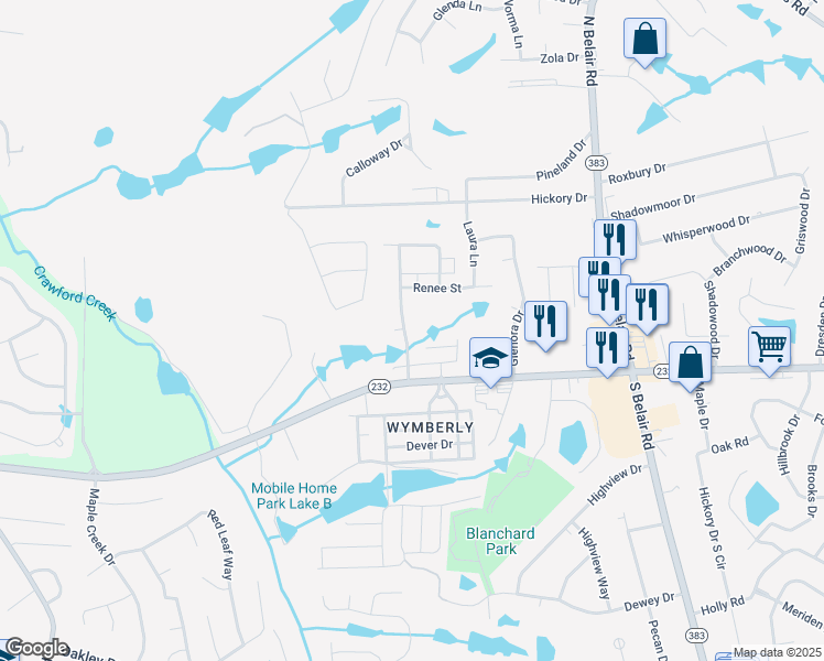 map of restaurants, bars, coffee shops, grocery stores, and more near 123 Samarya Lane in Evans