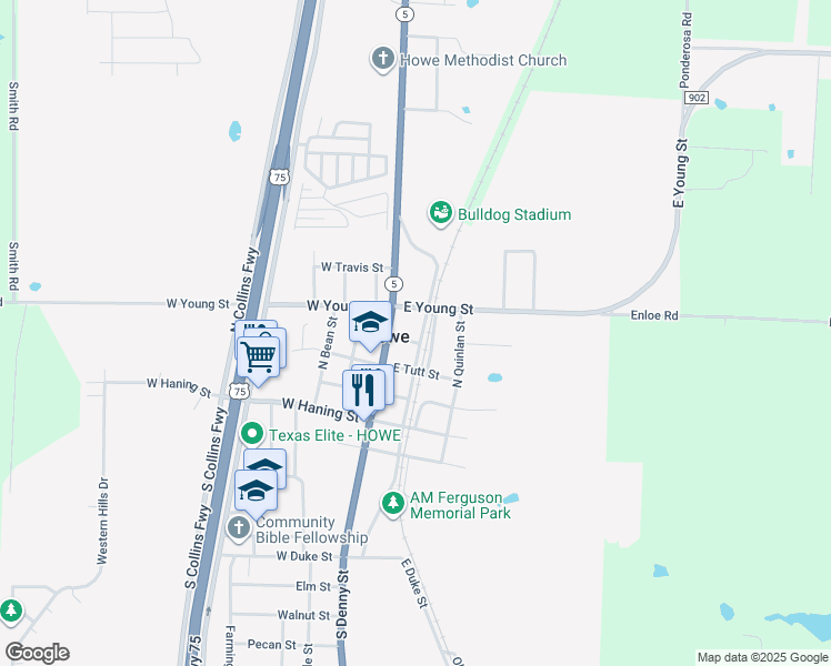 map of restaurants, bars, coffee shops, grocery stores, and more near 403 North Carter Street in Howe