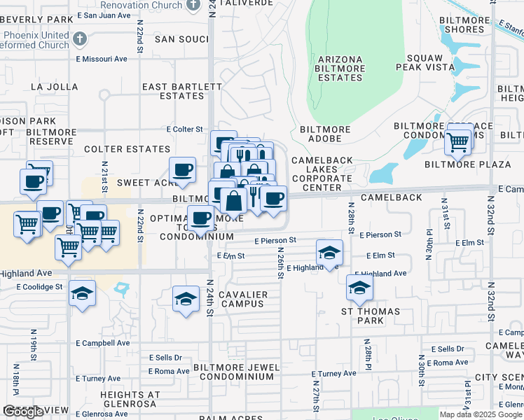 map of restaurants, bars, coffee shops, grocery stores, and more near 2525 East Camelback Road in Phoenix