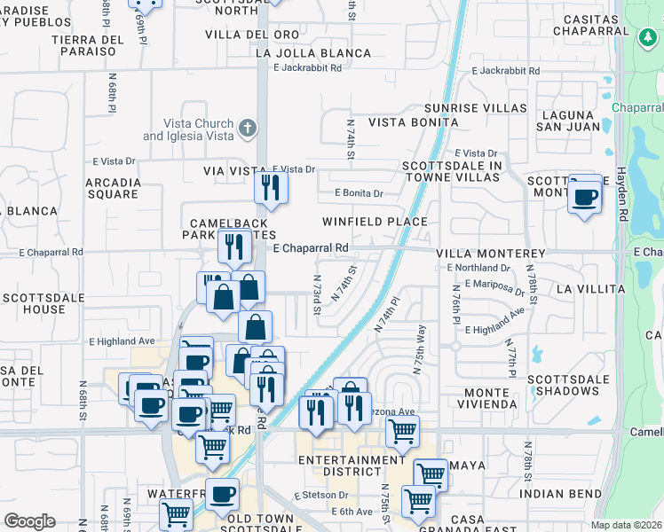 map of restaurants, bars, coffee shops, grocery stores, and more near 7319 East Northland Drive in Scottsdale