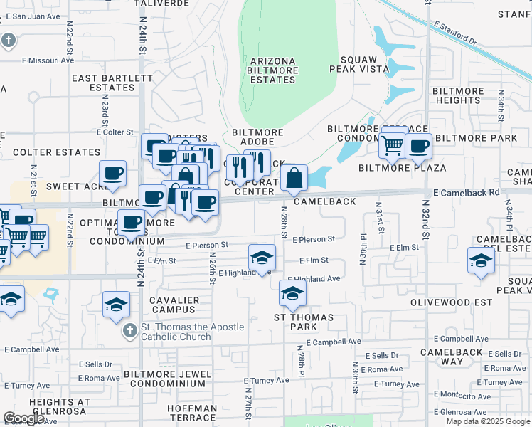 map of restaurants, bars, coffee shops, grocery stores, and more near 2727 East Camelback Road in Phoenix