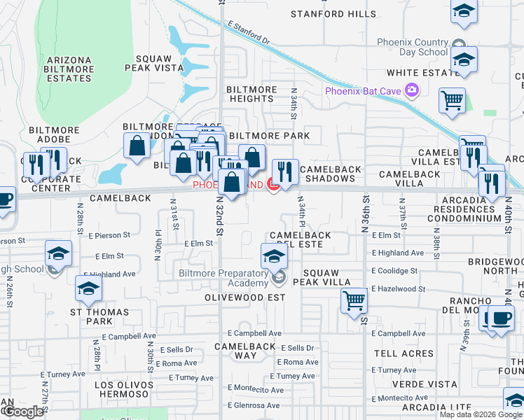 map of restaurants, bars, coffee shops, grocery stores, and more near 3235 East Camelback Road in Phoenix