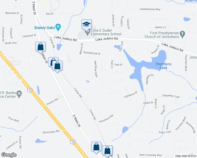 map of restaurants, bars, coffee shops, grocery stores, and more near 1551 Red Briar Way in Jonesboro